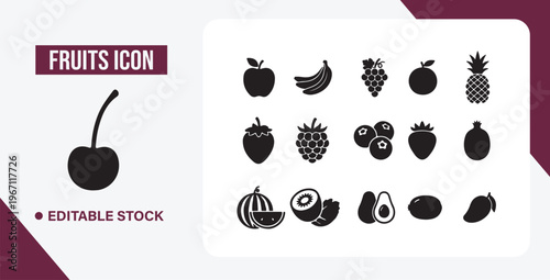 Collection of black and white icons depicting various types of fruits Web