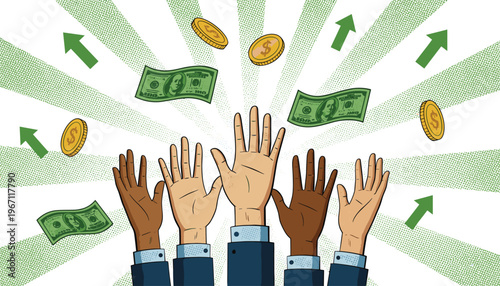 Vector illustration of raised hands reaching for money and coins with arrows symbolizing financial growth and prosperity