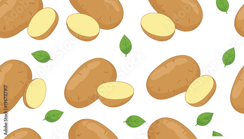 Vector illustration of repeating potato pattern with sliced potatoes and green leaves on white background