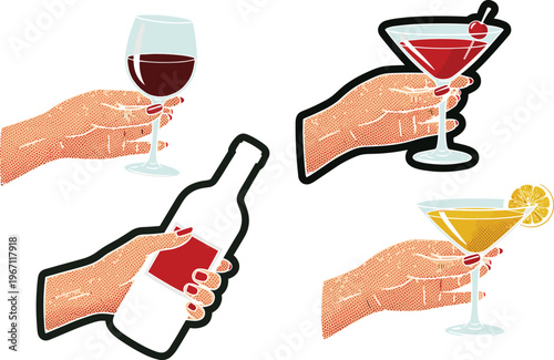 Vector illustration of retro pop‑art hands holding wine, cocktail and bottle drinks