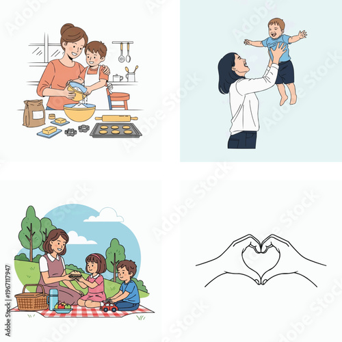 Family love and care  mother and children happy moments together always