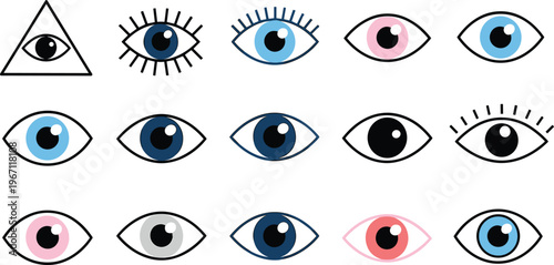 Vector illustration of stylized cartoon eyes with colorful designs including triangle eye of providence