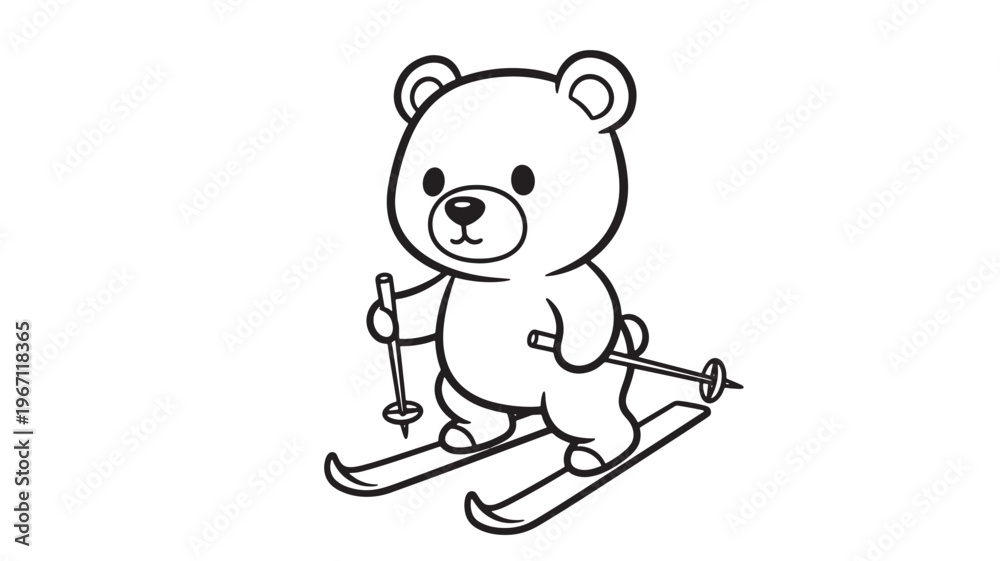 Fototapeta premium Bear skiing with poles and skis, rendered in a simple, black and white line art style for children's illustrations and design.