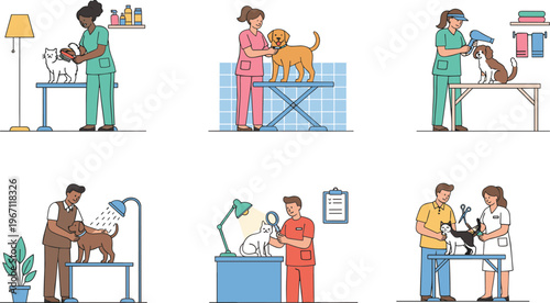 Vector illustration of veterinary care and pet grooming scenes with cats and dogs