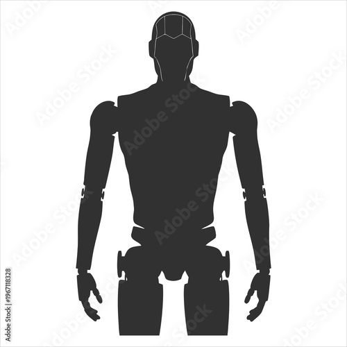 A black silhouette of a humanoid robot standing against a white background
