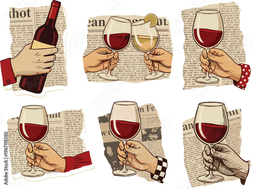 Vector illustration of vintage hands holding wine glasses and bottle with newspaper collage background in retro style