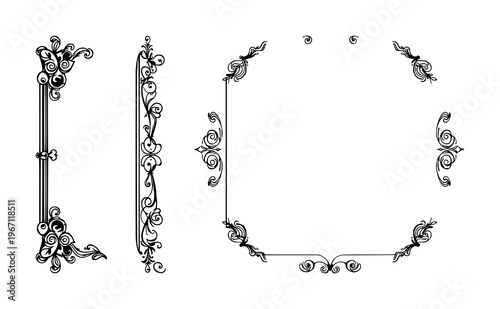 Black line art, ornate book corner protector, white background set with simple line art design featuring simple design, minimalist, black and white with illustrations and graphics