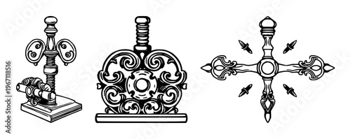 Bookbinding screw set with black line art and ornate detailing featuring bookbinding, press screw, mechanical components with black and white and white background