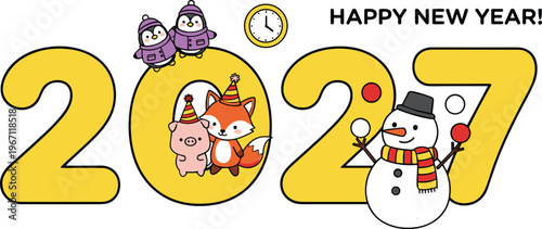Vector illustration of 2027 Happy New Year with penguins, fox, pig and snowman in festive design