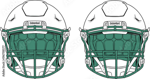 Vector illustration of American football helmets with green facemask and detailed front view design