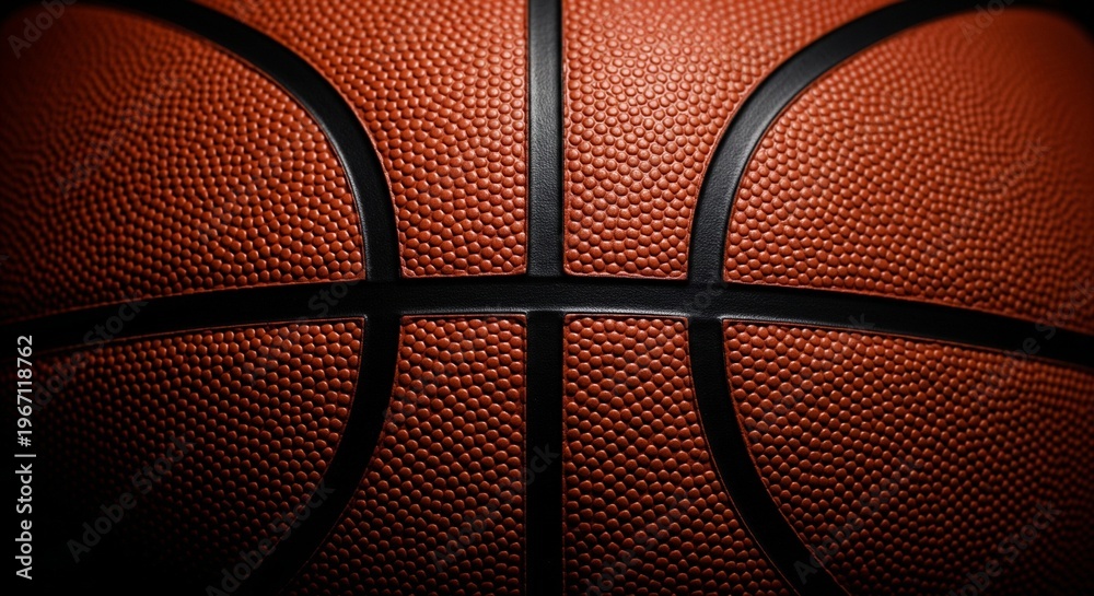 Obraz premium Close-up of a textured orange basketball featuring black seams and a detailed surface pattern with round dimples illuminated with studio lighting