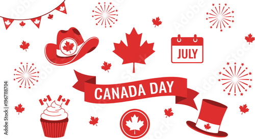 Vector illustration of Canada Day celebration with maple leaves, fireworks, hats, cupcake, flags, and patriotic symbols
