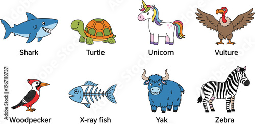 Vector illustration of cartoon animals including shark, turtle, unicorn, vulture, woodpecker, x‑ray fish, yak, and zebra