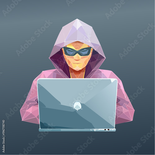 Abstrakter polygonaler Hacker mit Laptop auf dunklem Tech-Hintergrund