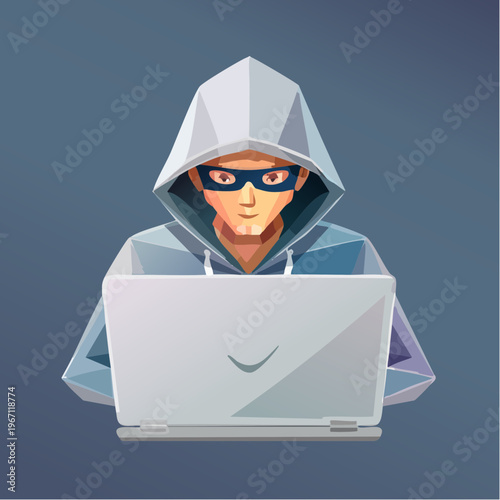 Abstrakter polygonaler Hacker mit Laptop auf dunklem Tech-Hintergrund