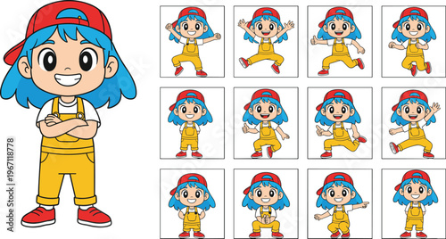 Vector illustration of cartoon boy character with blue hair, red cap, yellow overalls, and multiple dynamic poses