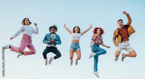 Diverse group of young adult friends joyfully jumping together against a clear blue sky; full of energy positivity and active lifestyle concept