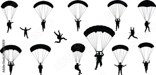 Parachuting skydiver silhouettes collection with parachutes isolated on white background, extreme sport skydiving illustration set for adventure and action design