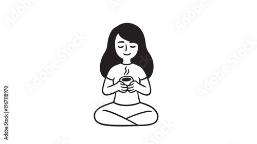 Woman with black hair in lotus pose holds a steaming cup of coffee, enjoying a moment of peace and relaxation in a simple, outlined illustration.