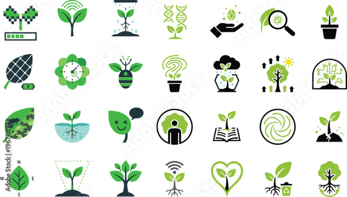 Eco Friendly Sustainability Icons Set – Green Energy, Environment, Nature Line and Flat Icons