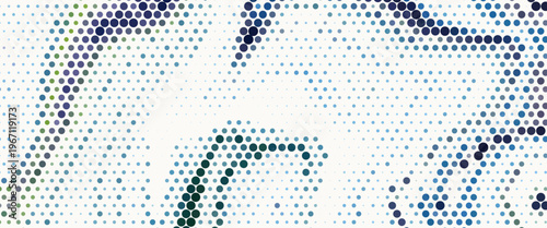 Abstract halftone background composed of multicolored dots forming flowing, organic wave-like shapes across a light backdrop.