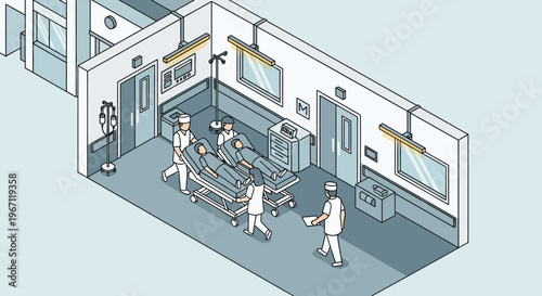Hospital emergency room scene with medical staff and patient.