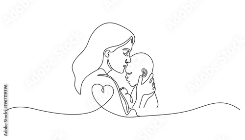 Continuous one line drawing Mother, baby, love, heart, line art, minimalist vector illustration, parenting, family, affection