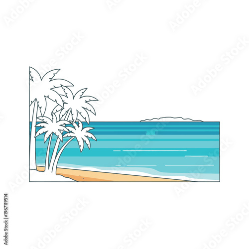 Tropical Beach Scene with Palm Trees and Ocean.