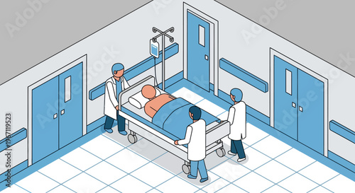 Medical team transports patient on gurney in hospital corridor.