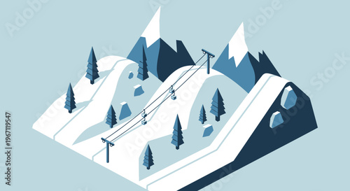 Winter ski resort with mountains and ski lift illustration.