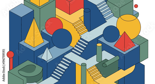 Abstract geometric shapes and stairs in isometric perspective.