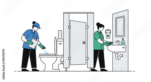 Two cleaners working in a public restroom facility.