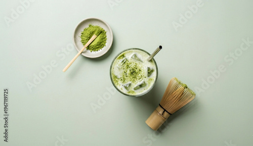 flat lay iced matcha latte with matcha powder