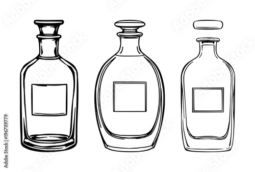 Perfume bottle set with black line art design featuring perfume, fragrance, glass with vintage and silhouette against white background.
