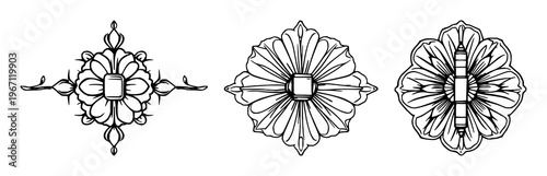 Black line art, Victorian rosette hinge, white background set with simple line art design featuring simple design, minimalist, black and white with illustrations and graphics