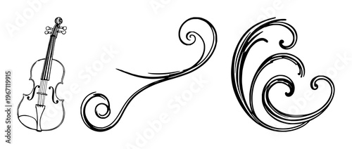 Black line art, violin scroll detail, white background set with simple line art design featuring simple design, minimalist, black and white with illustrations and graphics