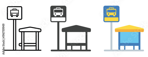 Bus stop icons minimalist and colorful designs for urban navigation, modern vector collection featuring shelters, benches, and route signs, perfect for mobile apps, transit maps, and city planning 