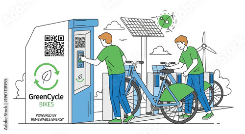 Two men using a green cycle bike sharing station.