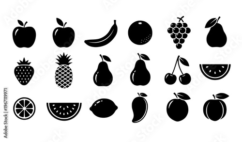 12 fruits silhouette icon set with apple banana orange vector collection isolated on white