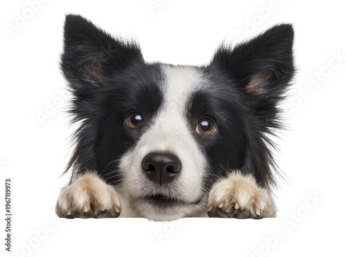 Quadro su tela Isolated happy border collie puppy dog peeking and looking directly at camera wi