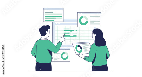 Two people analyzing data and charts on a screen.
