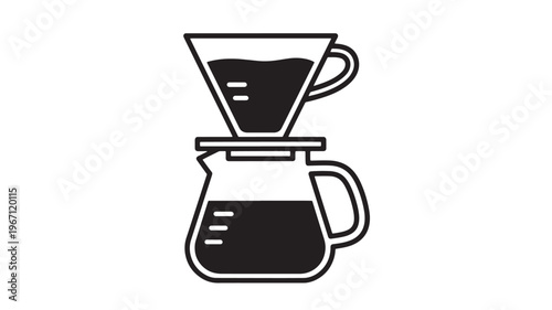 Pour over coffee maker with glass carafe and cone dripper, black and white icon for brewing. featuring filter, barista, beverage with drink and hot