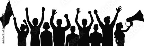 Protest crowd silhouette vector illustration people raising hands holding flag megaphone demonstration activism rally social movement isolated conceptProtest crowd silhouette vector illustration 