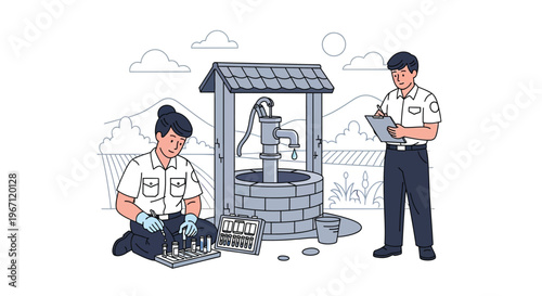 Two people inspecting a water well for quality control.