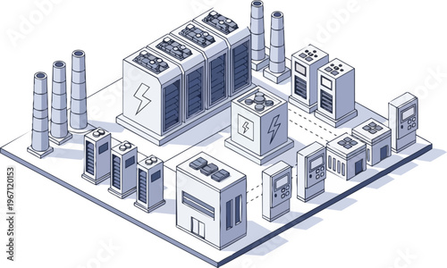 Isometric Energy Storage Facility and Electrical Substation Vector Line Art Illustration