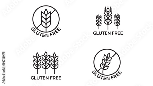 Wheat icons with 'Gluten Free' text and prohibition signs for healthy food product labeling on a white background.