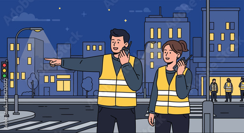 Two people wearing safety vests talking on radios.