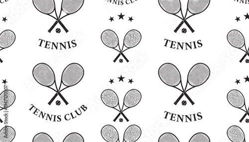 Tennis rackets crossed with ball and stars forming a seamless pattern for clubs featuring sports, game, competition with club and trophy elements for