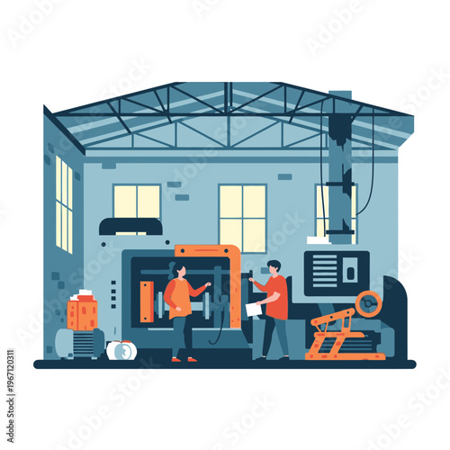 Two people working on industrial machinery inside a factory.