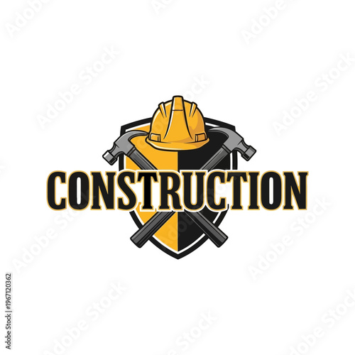 Construction Logo with Hard Hat and Hammers on Shield Design.